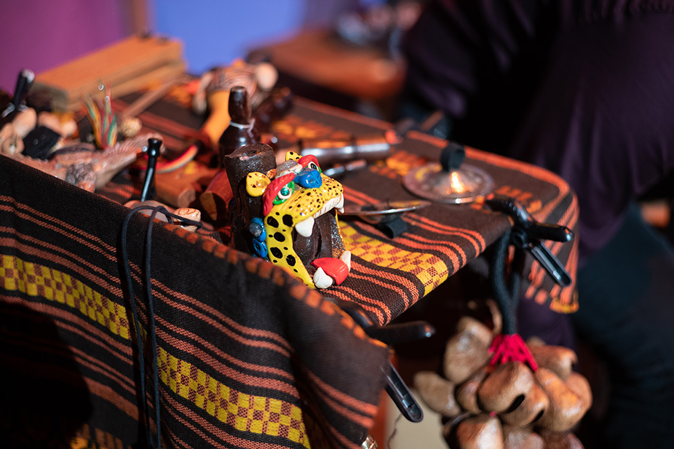Bird calls, rattles, and finger cymbals played by Gómez