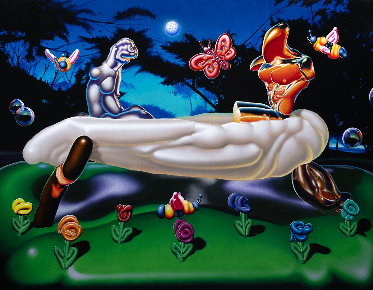 An oil painting of stylized computer graphic style renderings of figures and flowers in a field
