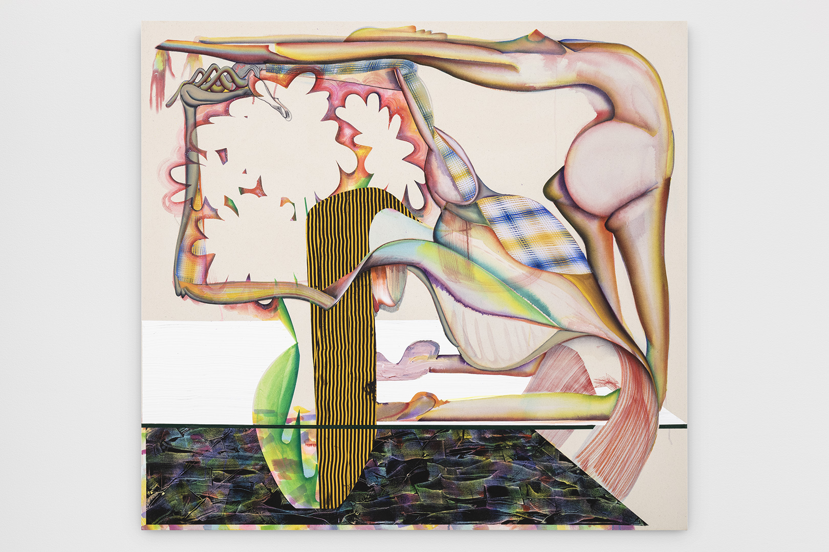 Painting of an abstract figure that curves along the upper right corner of the painting