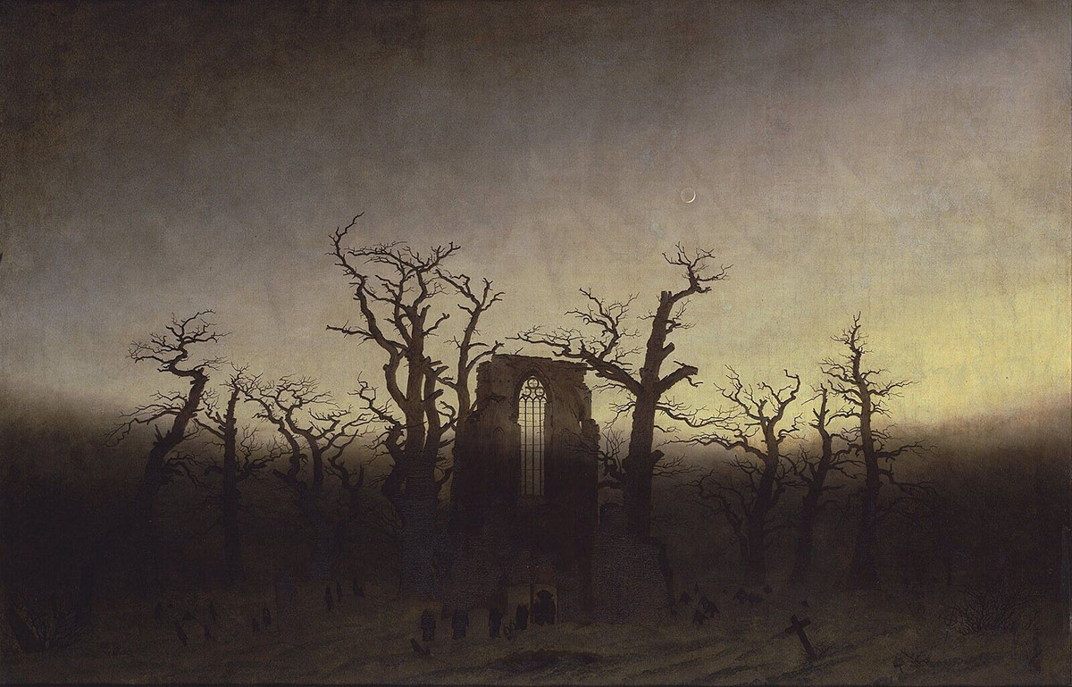 A gloomy, painted evening or morning scene of the ruins of an abbey near bare, scraggly trees