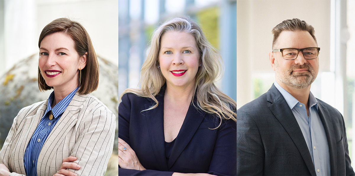 A professional headshot collage featuring three individuals: a woman in  a striped blazer, a woman in a navy blazer, and a man in a gray suit.