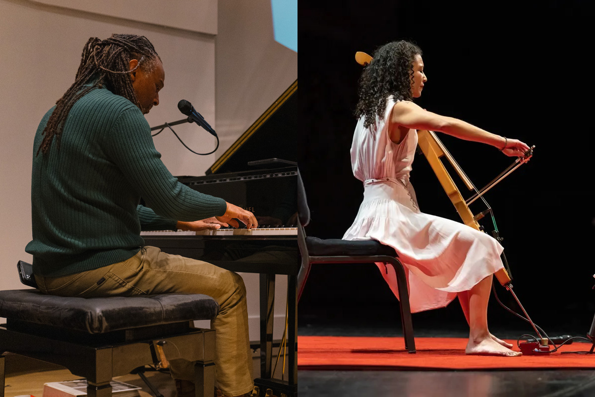 A composite of two images of people playing instruments on stage. On the left, a man plays a grand piano, and on the right a woman plays a cello.