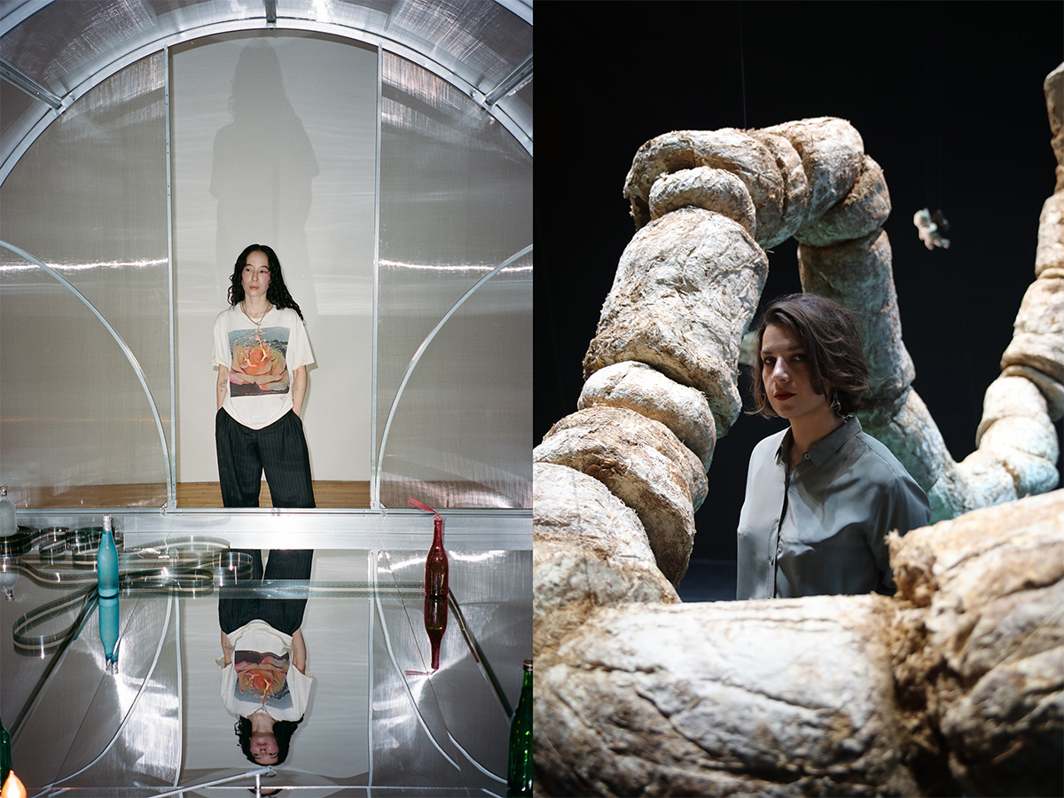 A composite of two images. On the left is a woman standing above a reflective surface, and on the right is a woman standing amidst a large, serpentine sculpture