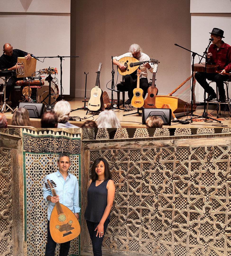 Collage of two photos, one of Trío Guadalevín playing on stage, the other of two members of Seffarine