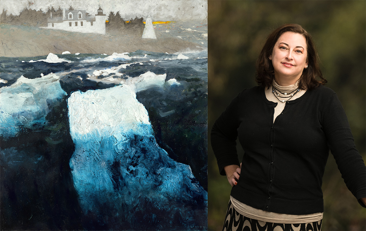 A composite of two images. On the left is an oil painting of icebergs off a rural coast. On the right is a professional headshot style photo of a woman from the waist up.