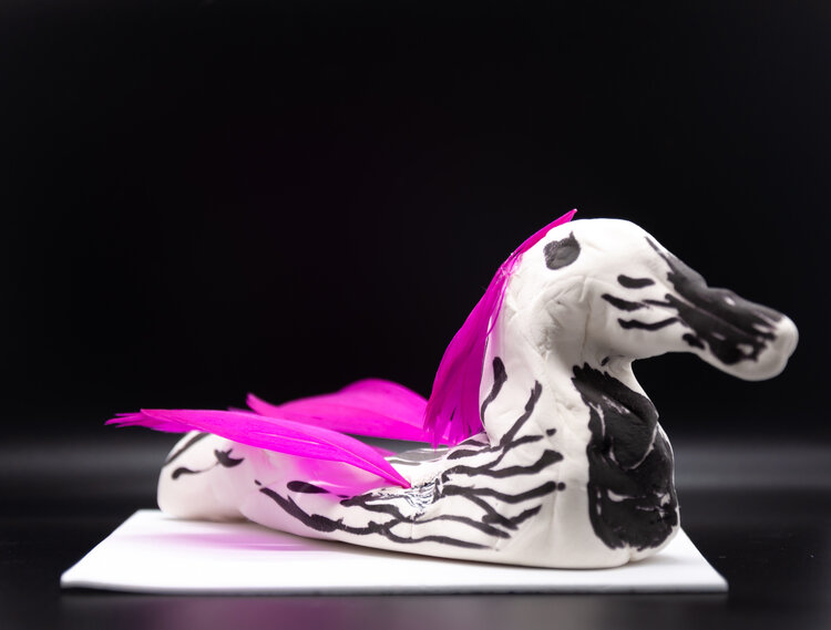 Anne O’Leary. Untitled, 2019. Sculpted Model Magic clay with marker ink, feathers, and beads on foam. 2 x 6 x 2 1⁄2 in. Photo: Heather Ratcliff. 