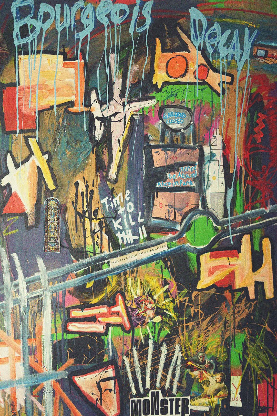 Mixed media abstract work with Bourgeois Decay written in blue paint at the top
