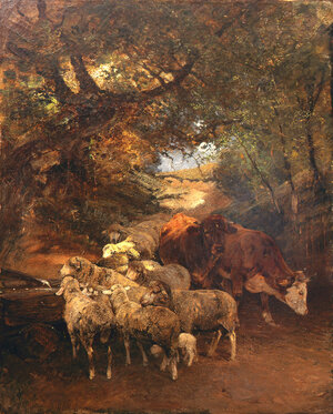 Heinrich von Zügel. Herd of Sheep and Cattle at a Well in a Wooded Narrow Pass, Brixlegg, ca. 1880