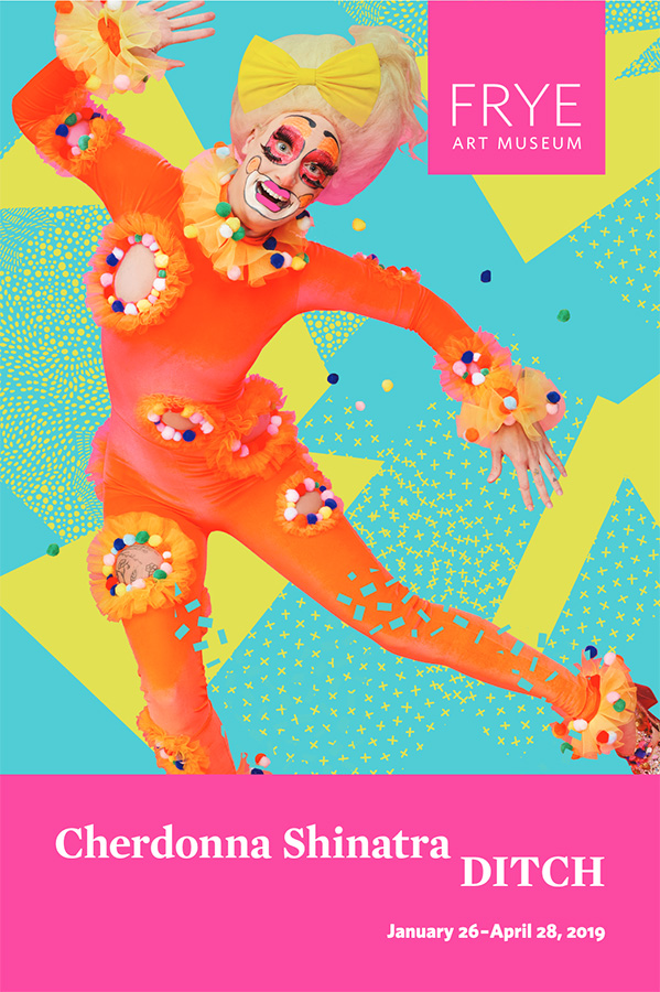 Exhibition brochure cover with a person in a clownish costume in front of a blue and yellow pattern