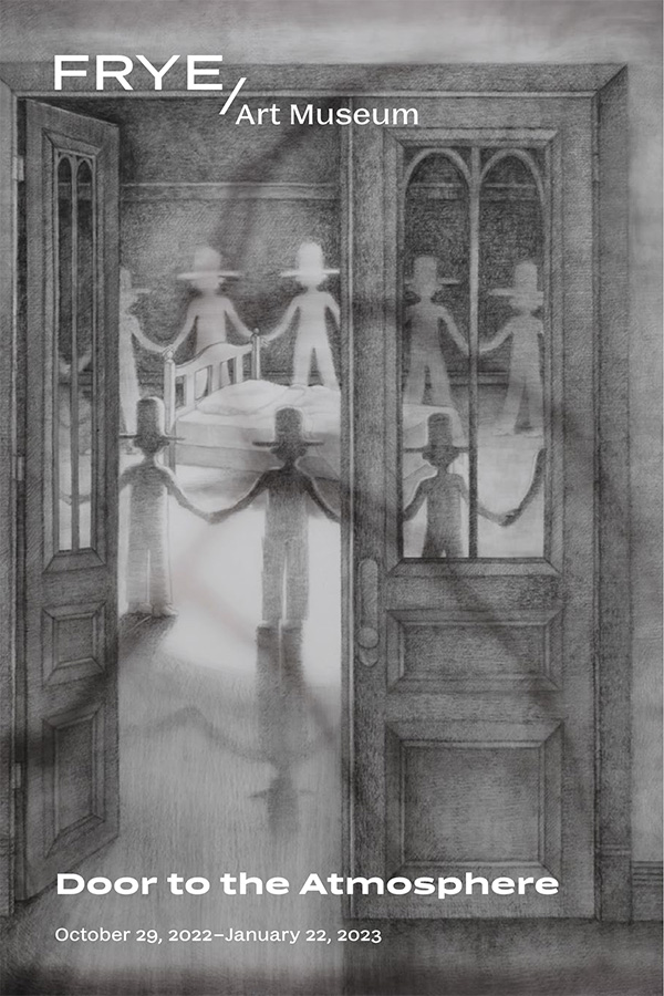 Exhibition brochure cover with a drawing of ghostly figures surrounding an empty bed