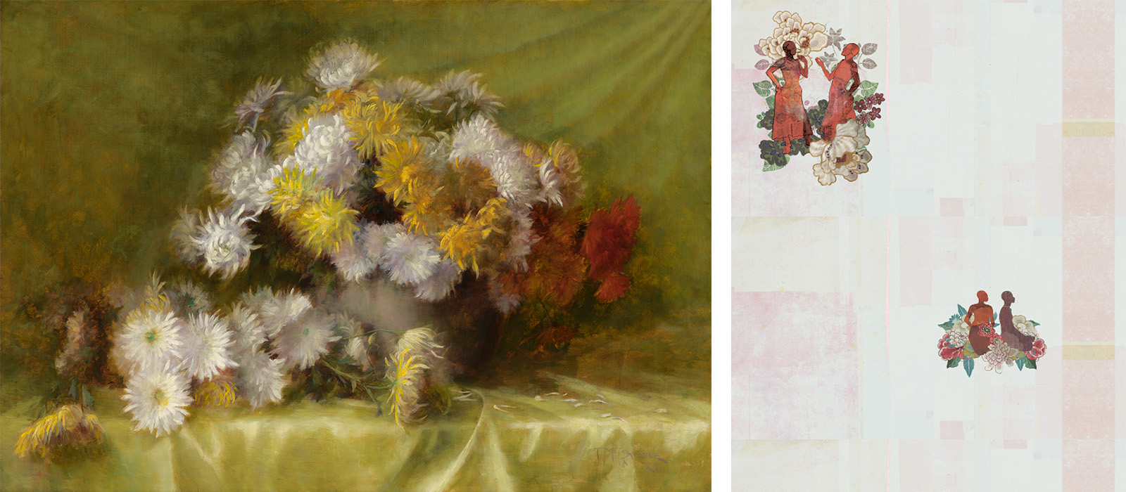 A composite of two pieces of artwork. On the left is a still life painting of a bouquet of flowers on a yellow fabric, on the right is a detail of a wallpaper with images of women and flowers