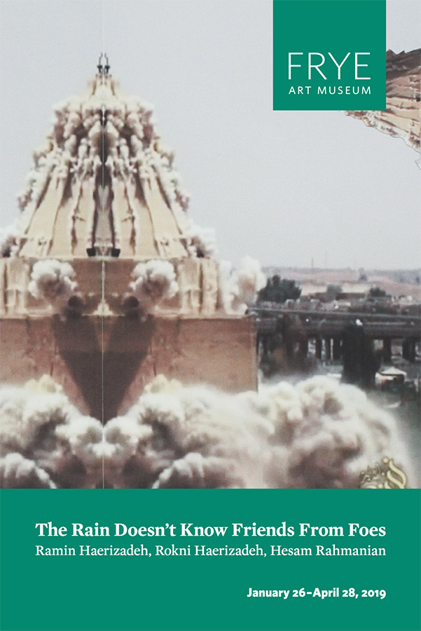 Exhibition brochure with a photo of a building being imploded