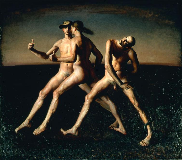 A painting of three nude men in a surreal landscape