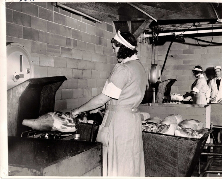 Meatpacking operations, Frye & Company, ca. 1945. Frye Art Museum Archives