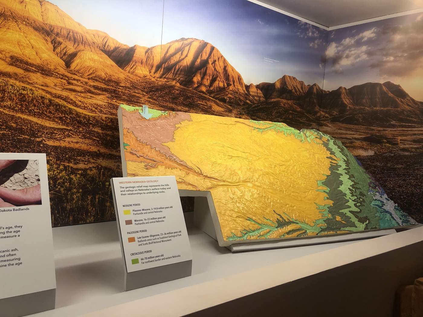Museum diorama of a two-dimensional map of the state of Nebraska and an accompanying text panel
