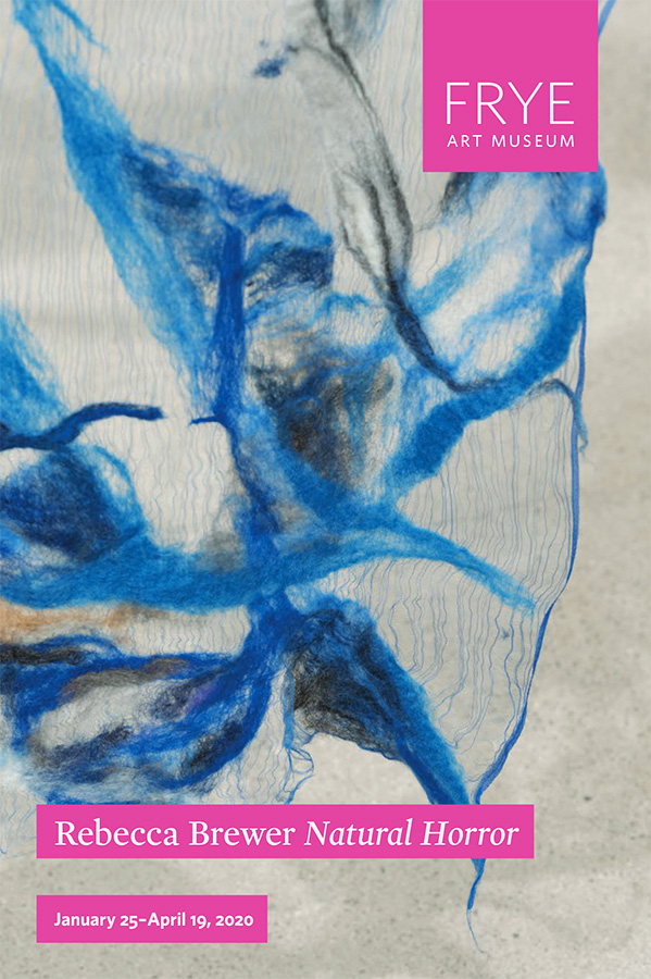 Exhibition brochure cover with an abstract artwork in blue and black on beige