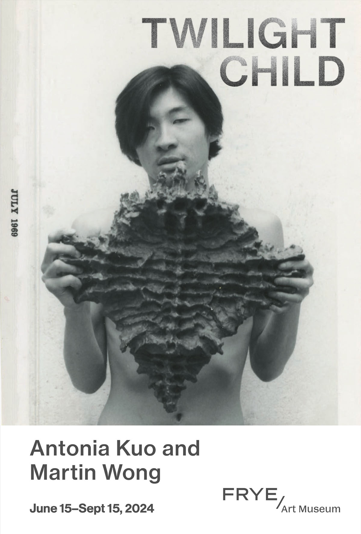 A cover of an exhibition brochure for Twilight Child with a photograph of a young Asian man holding a sculpture