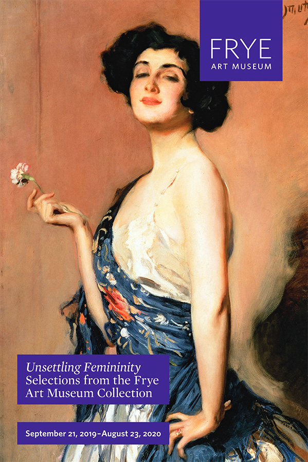 Exhibition brochure cover with a painting of a woman with short hair, wearing a dress and holding a flower