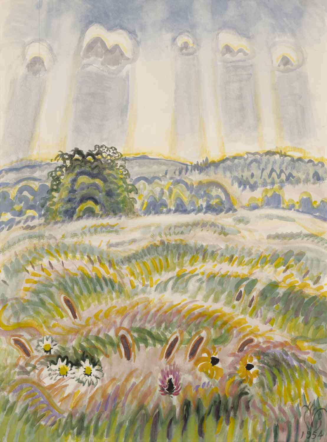 A stylized watercolor of hay being blown in the wind