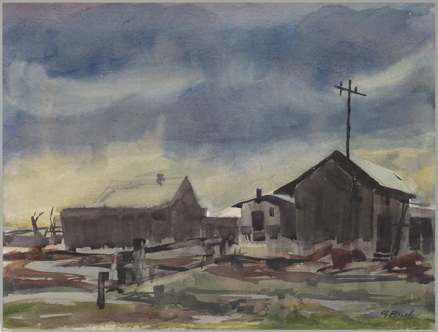 Watercolor painting of a few wooden buildings with a cloudy sky above