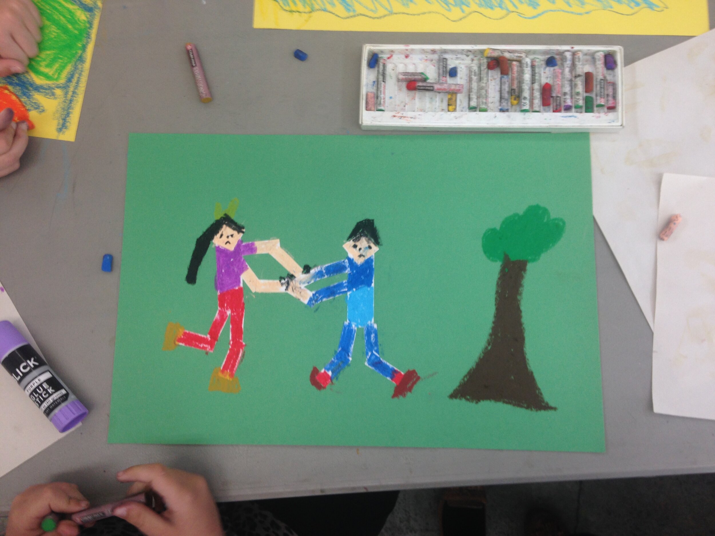 Collages with additional colors and details drawn in with oil pastels. Photo: Lynn Chou