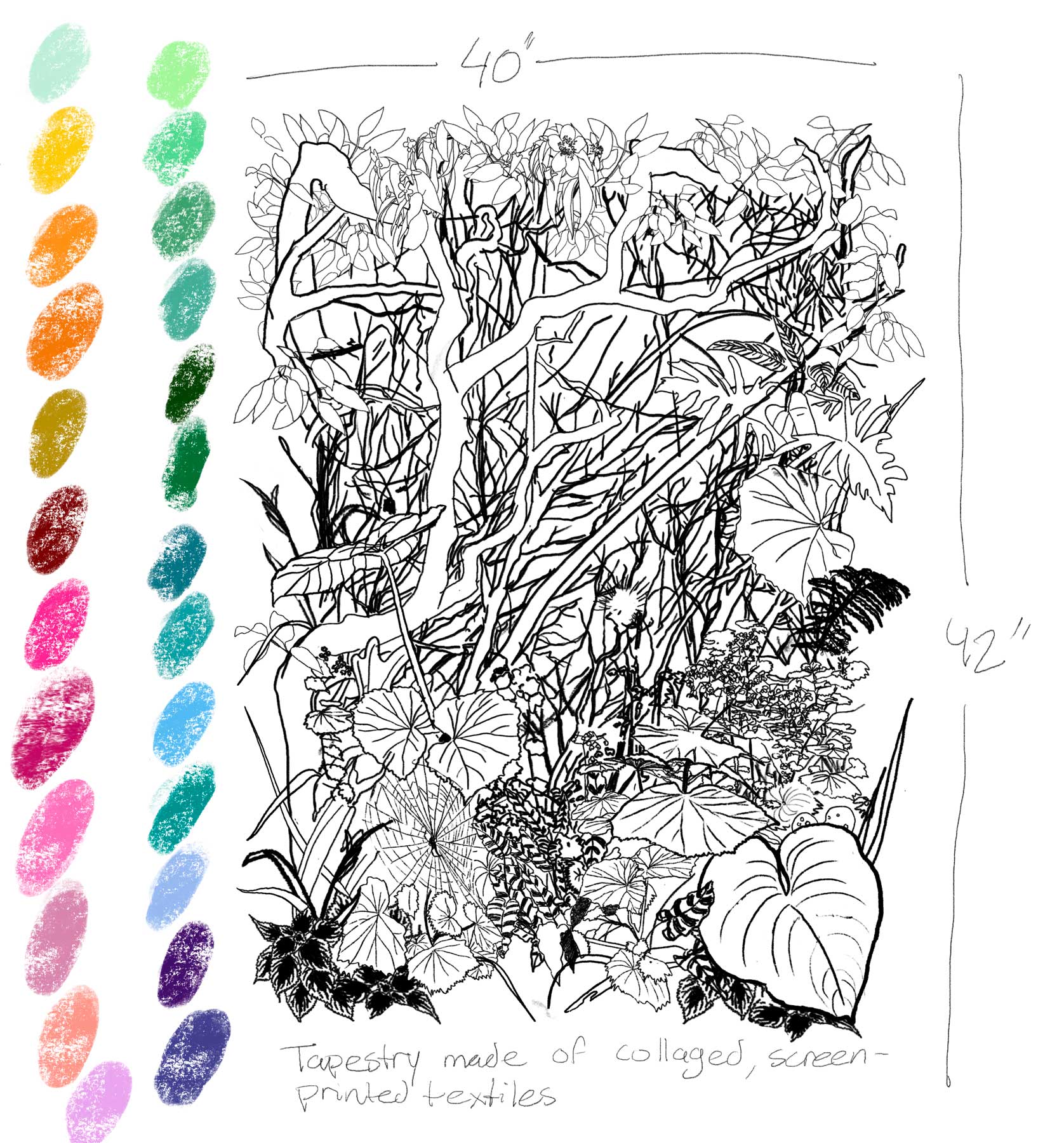 Sketch of a screenprint composition with many branches and leaves. Color swatches line the left side