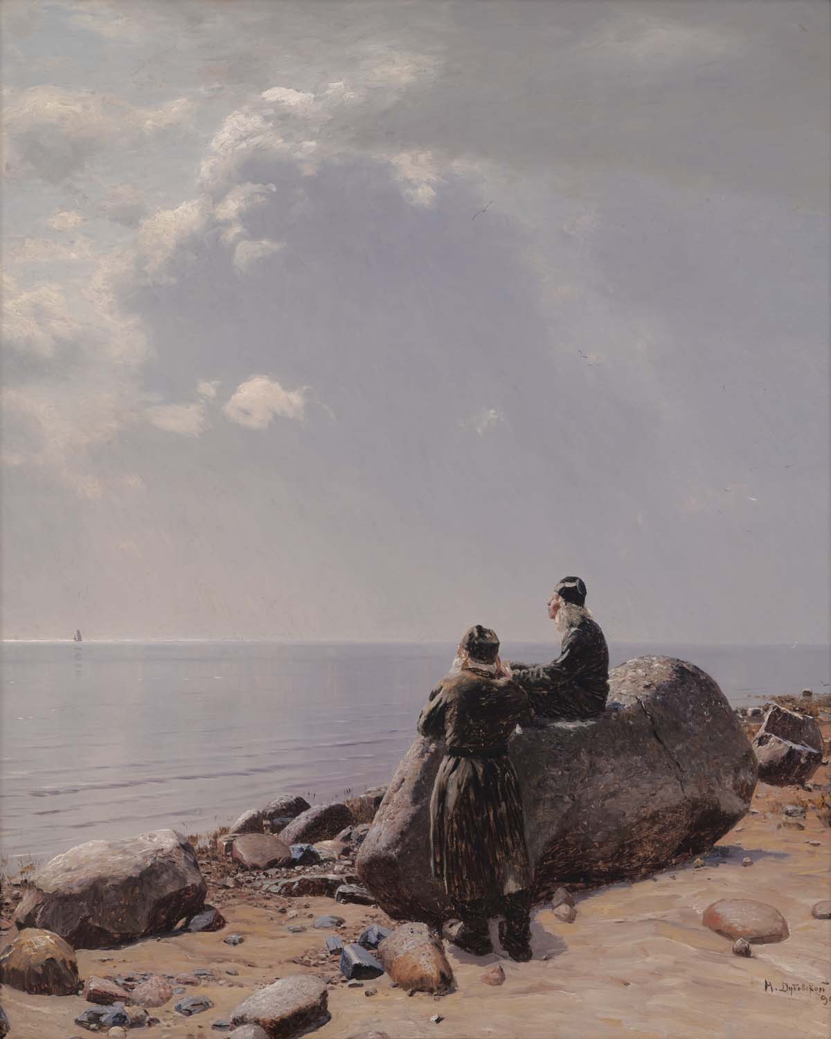 An oil painting of two figures on a rocky beach
