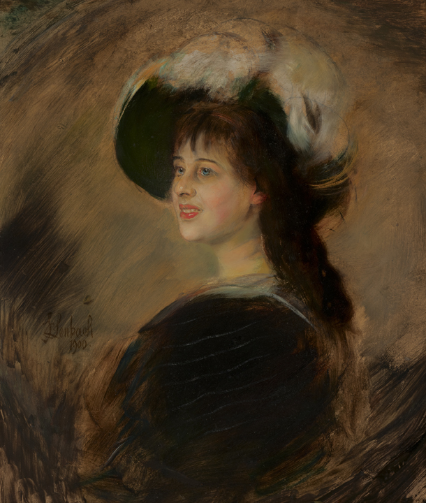 An oil painting of a young woman in a large brimmed hat