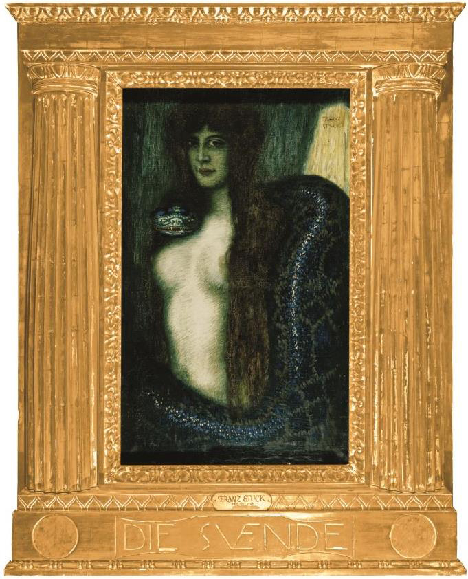 A painting by Franz von Stuck of a woman representing 'Sin' in a large gold frame