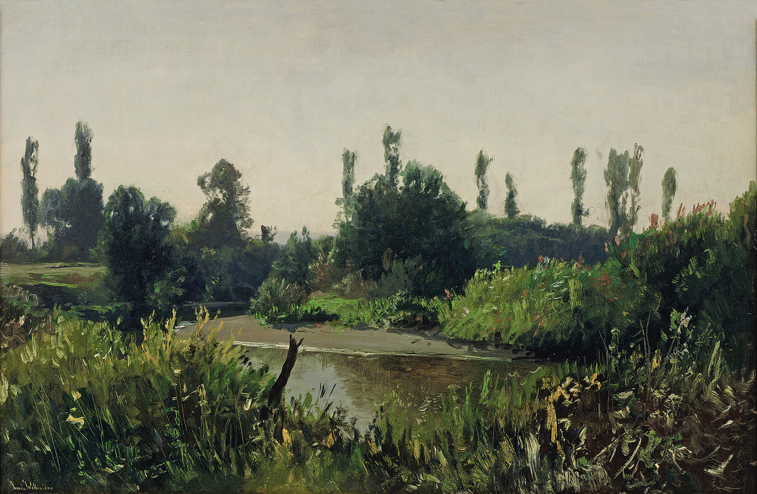 A painting of trees and greenery around a small river