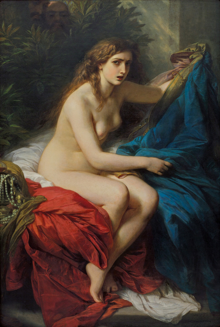 A painting of a nude woman sitting on an opulent cloth being spied upon by figures behind foliage