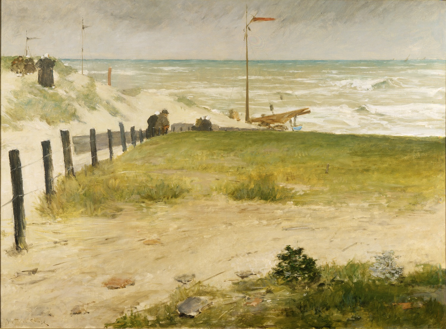 A painting of a seascape with a sandy dune and small human figures