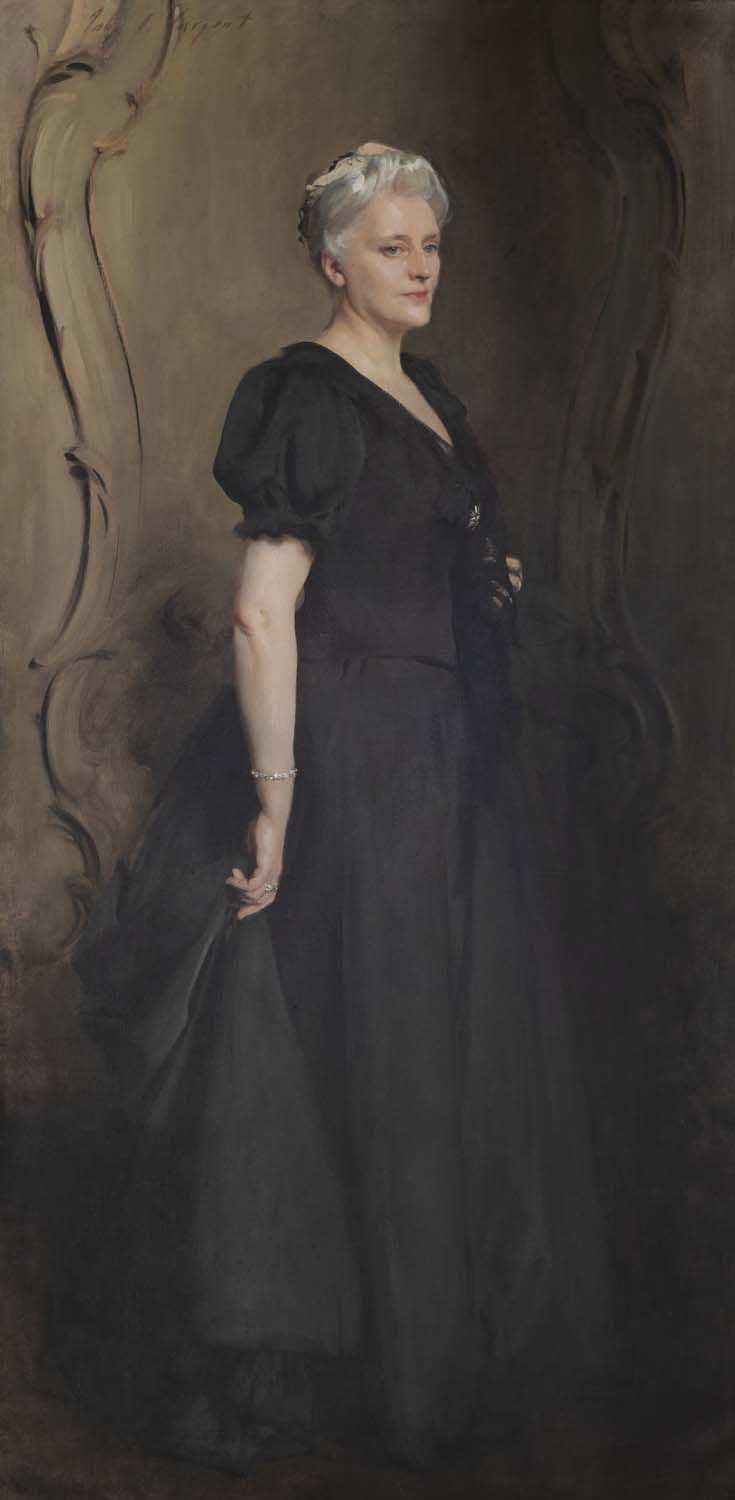 A formal, posed painting of a woman in a long black dress