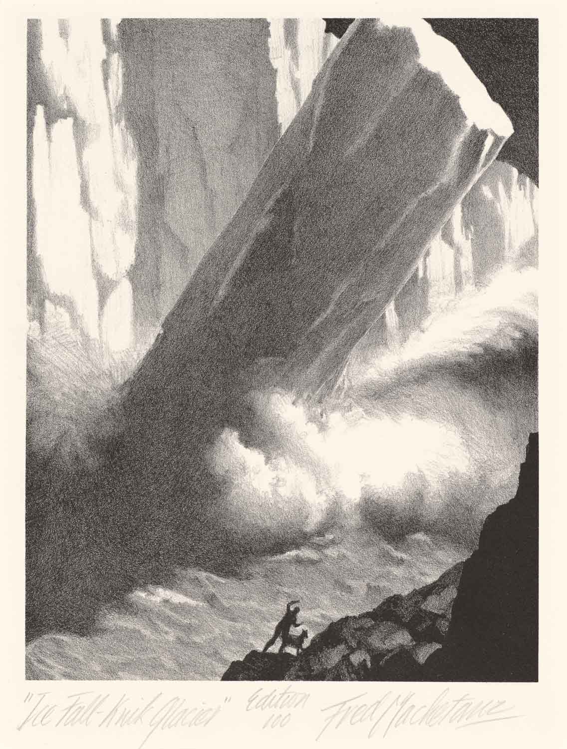 A grainy black-and-white print with a tiny, silhouetted human figure and a four-legged animal in the foreground