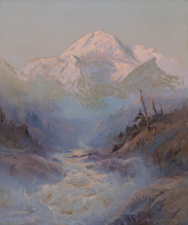 A painting of a river flowing from Mt McKinley