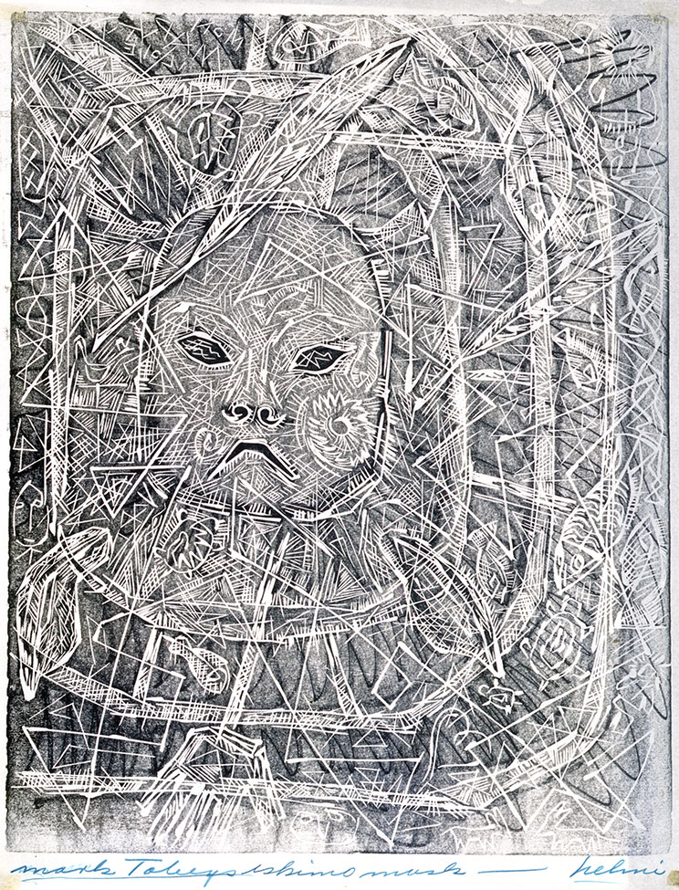 A linoluem block on paper black and white print of a mask