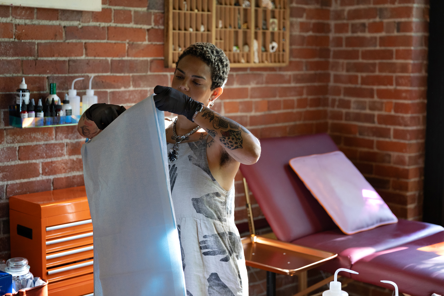 Emma Kates-Shaw prepping at her tattoo studio