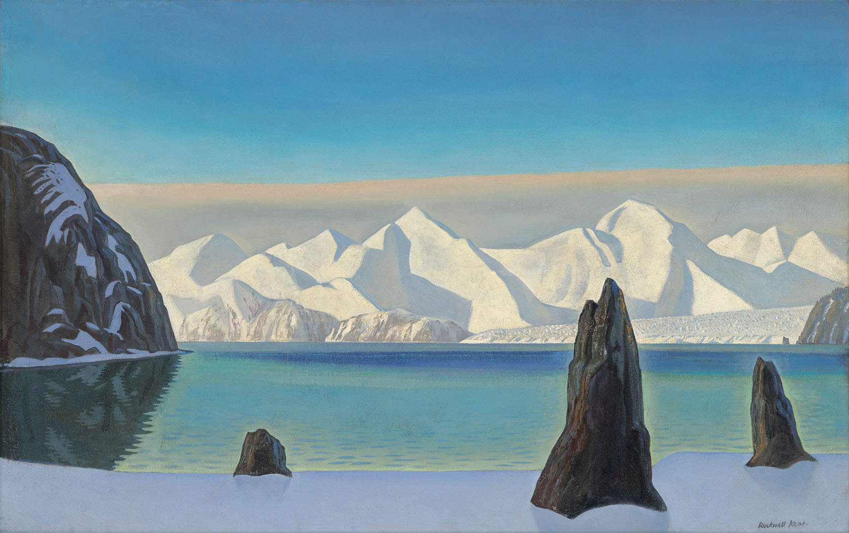 A painting of a snowy, Alaskan landscape