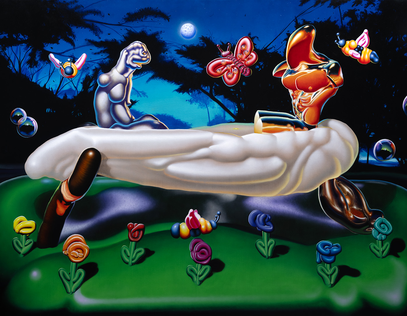 An oil painting of stylized computer graphic style renderings of figures and flowers in a field