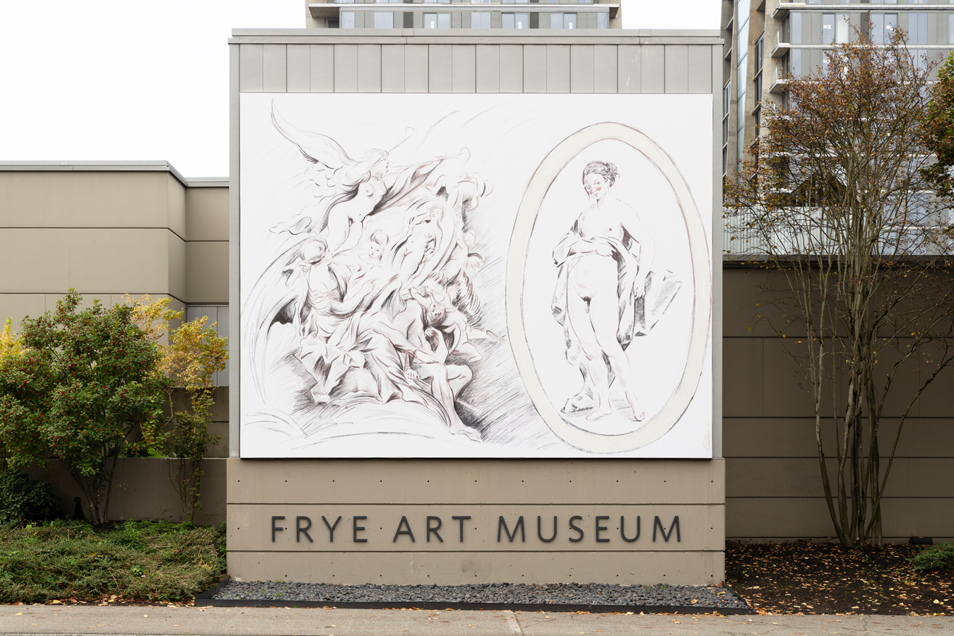 Photo of Molly Jae Vaughan's "After Boucher: Untitled" installed on the east facade of the Frye Art Museum