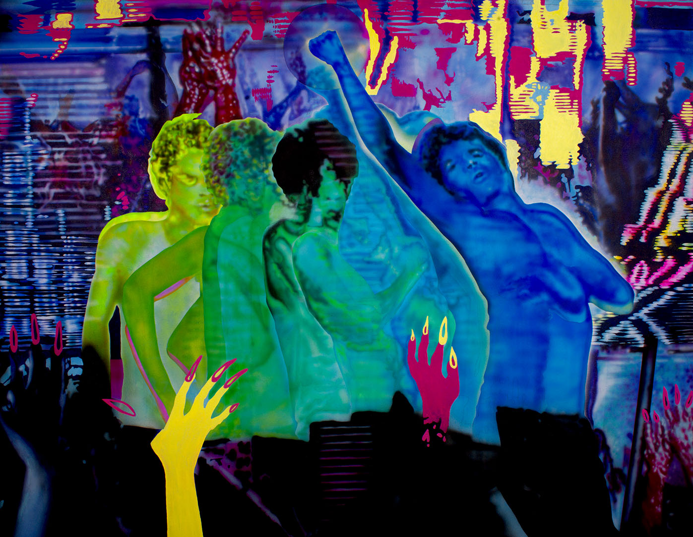 A colorful, graphic image with dancing figures and distorted party scenes