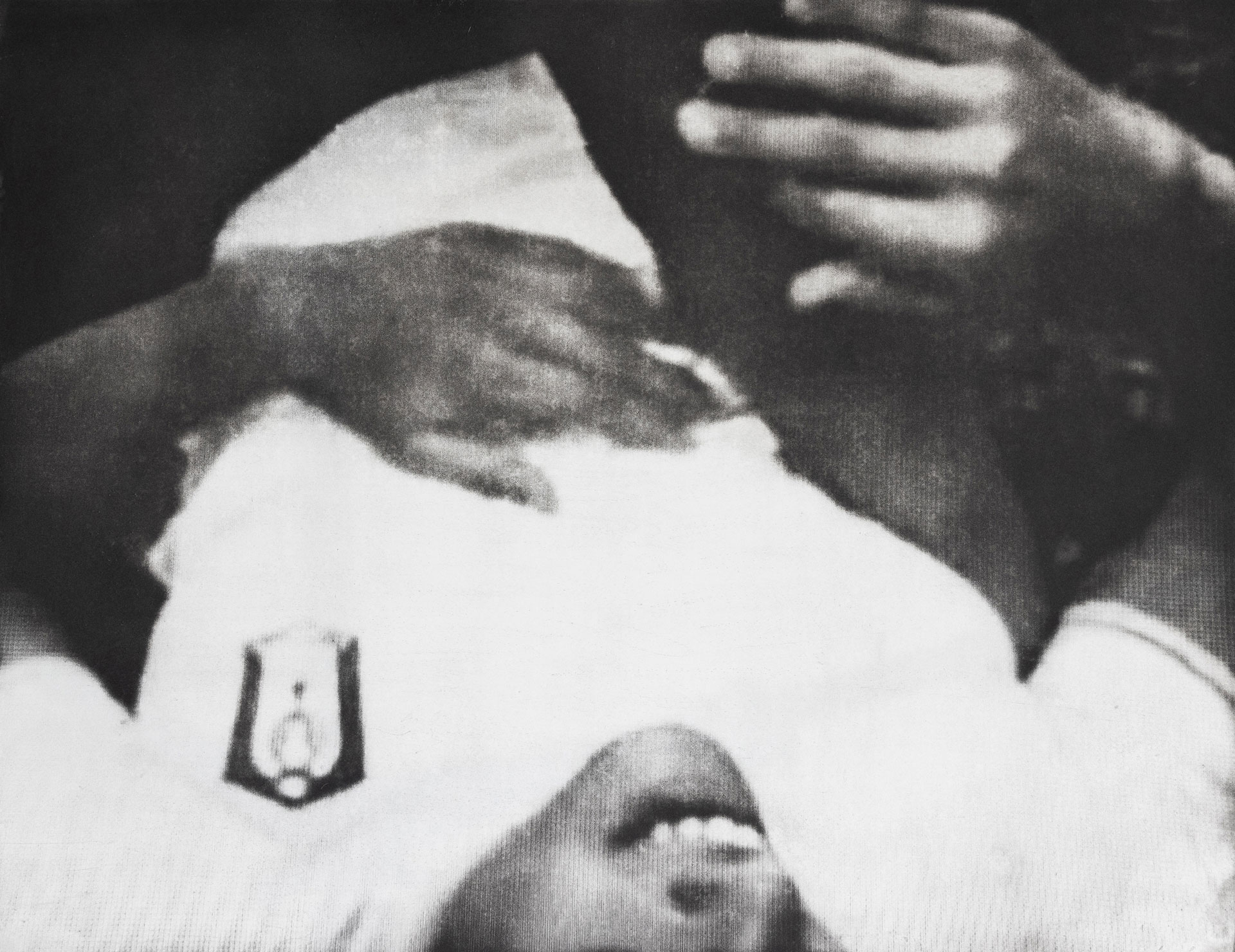 Black and white photo of a person lying on their back