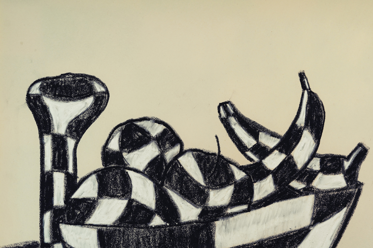 Drawing of a still life of fruit covered in a black and white checkerboard pattern