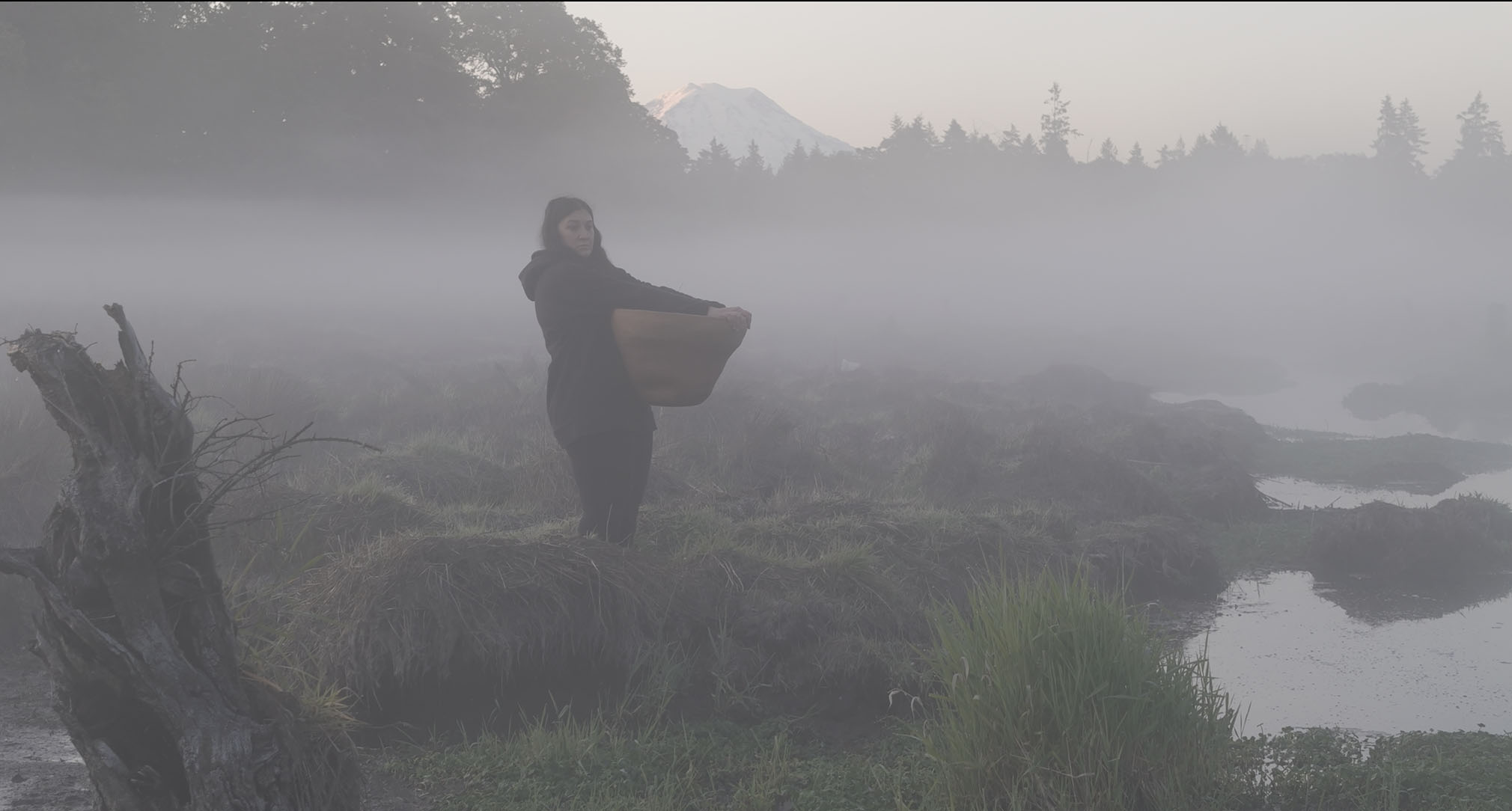 A still of a woman carrying a basket across a field by a small body of water in the mist