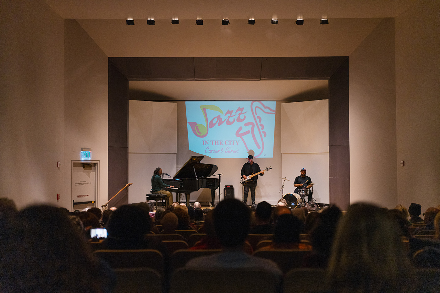 A musical trio performs on stage in front of a seated crowd
