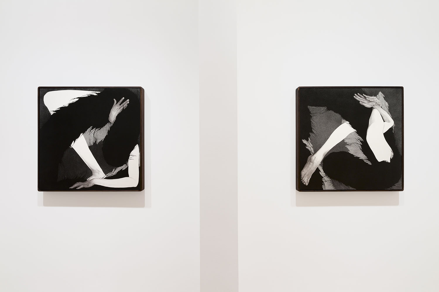 Photo of two black and white figurative drawings on a white gallery wall