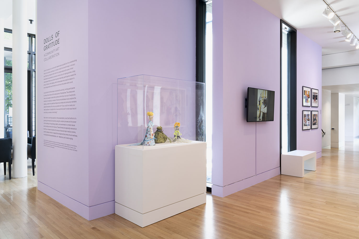 Photo of the handmade dolls in a glass case and a TV monitor in a gallery with purple walls