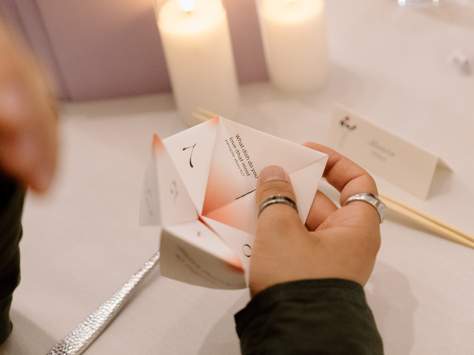 A folded, paper fortune teller