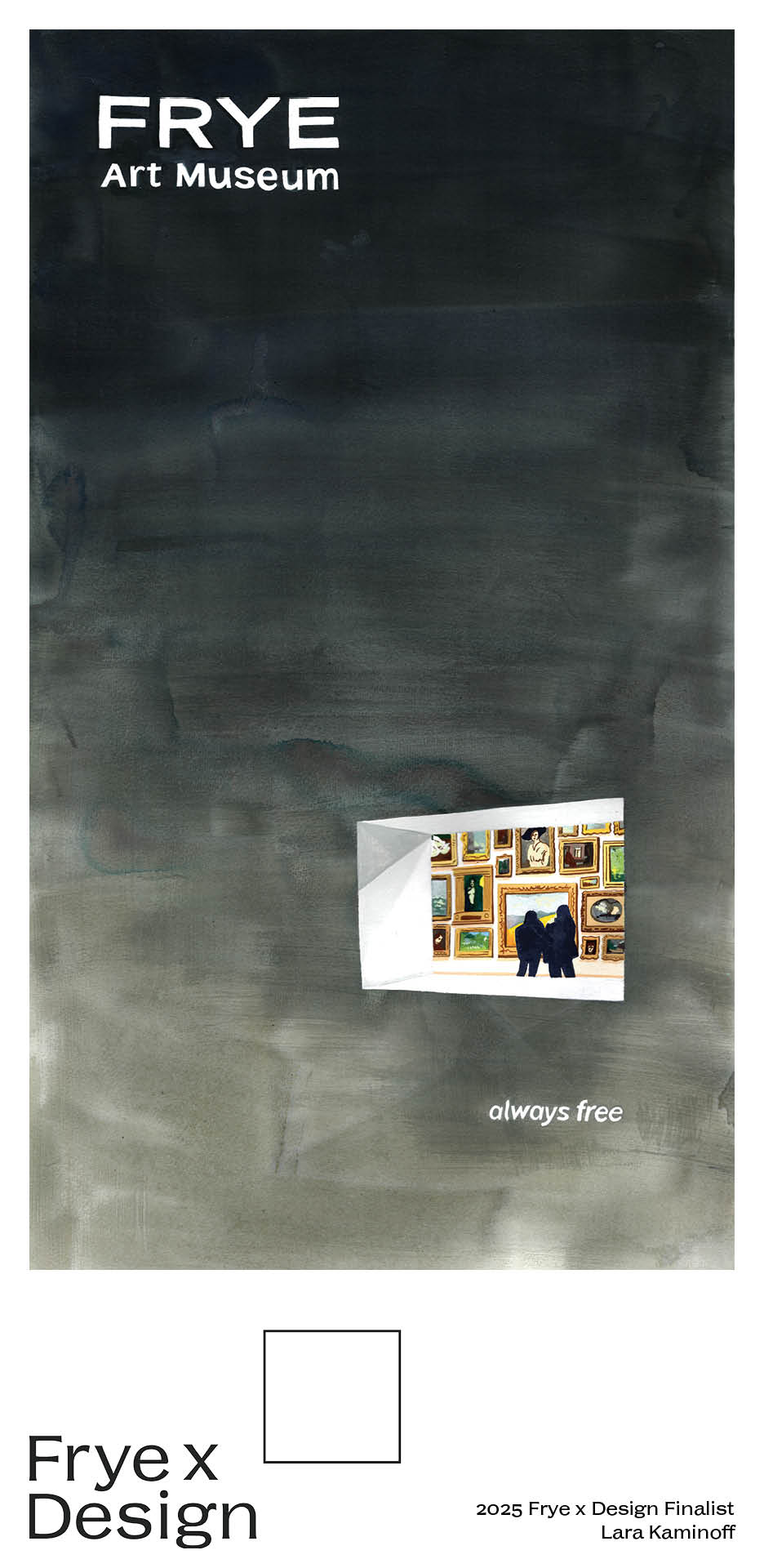 A dark poster in a frame with a cutout showing people looking at paintings in a large room