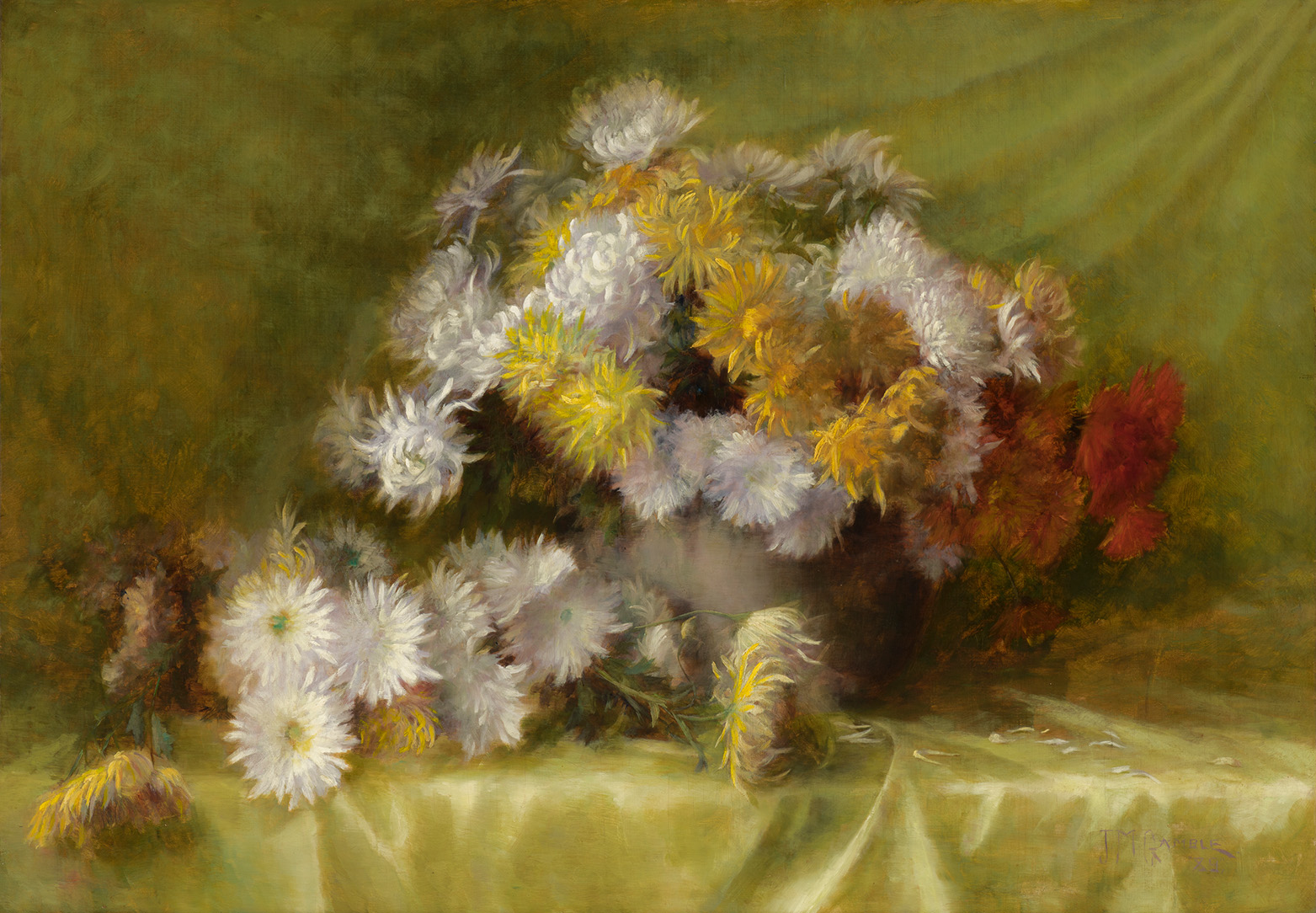 A painting of a lush bouquet of chrysanthemums on a table covered by a yellow tablecloth